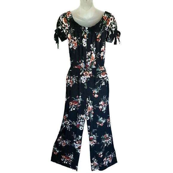 Band Of Gypsies Jumpsuit Elastic Neckline Off Shoulder Black Floral Print Small - Picture 12 of 13